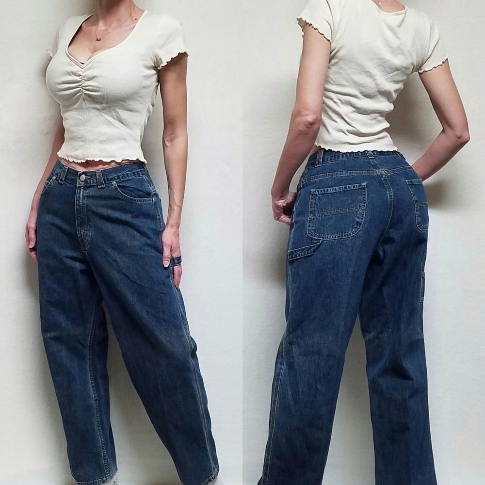 Vintage Faded Glory Carpenters Dark Wash Faded Wide Leg Loose Fit Carpenter Jean